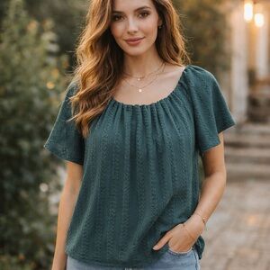 LOFT Teal Lace Flutter Short Sleeve Peasant Blouse | Size Small